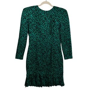 VTG Maggy London Sz 8 Green Black Polka Dot 100% Silk Dress Pleated Ruffle Hem